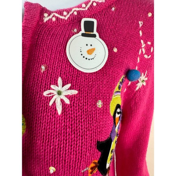 Heirloom Collectibles Petite Lg XMas Penguin Zip Cardigan Sweater Pink Cotton Bl - Picture 16 of 16